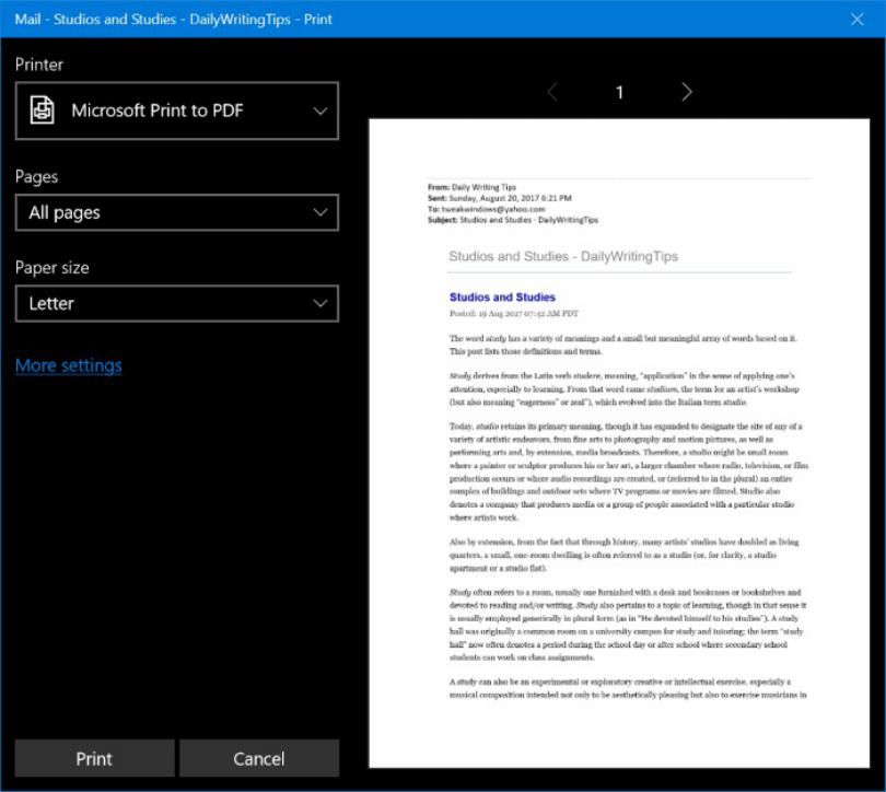 Windows 10 Mail email a PDF