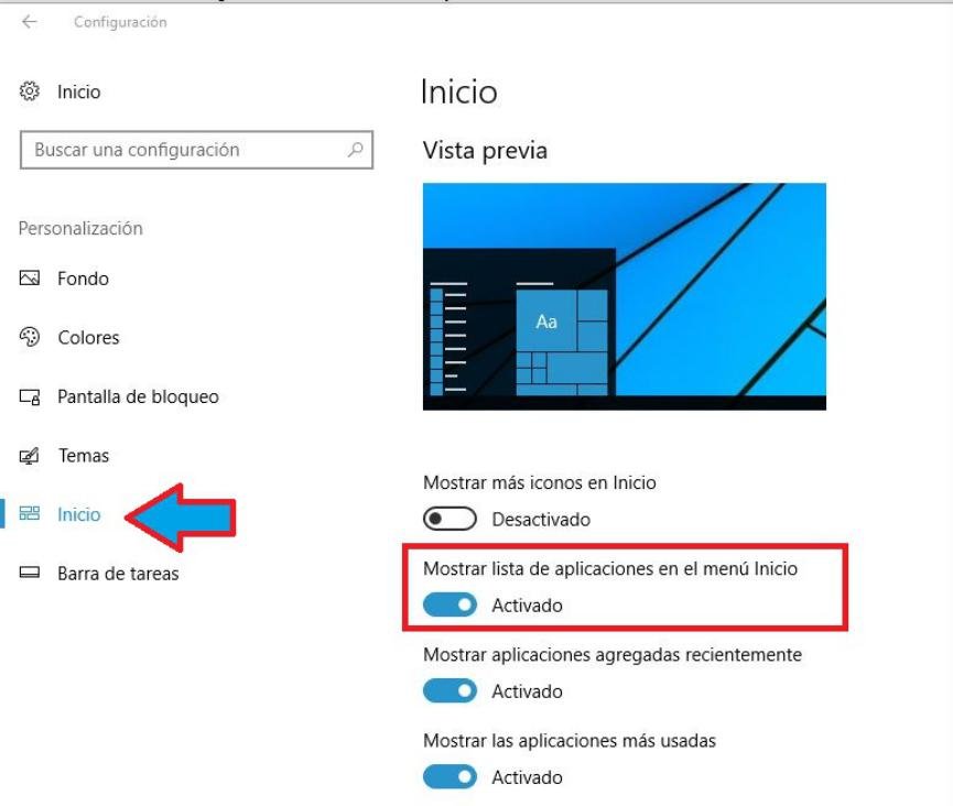 ocultar Lista de Aplicaciones en Windows 10