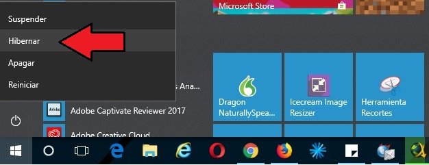 activar hibernar en menu de inicio de Windows 10