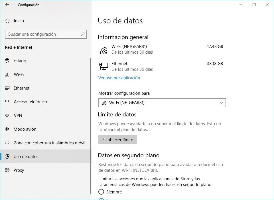 Windows 10 Build 1803 Uso de Datos