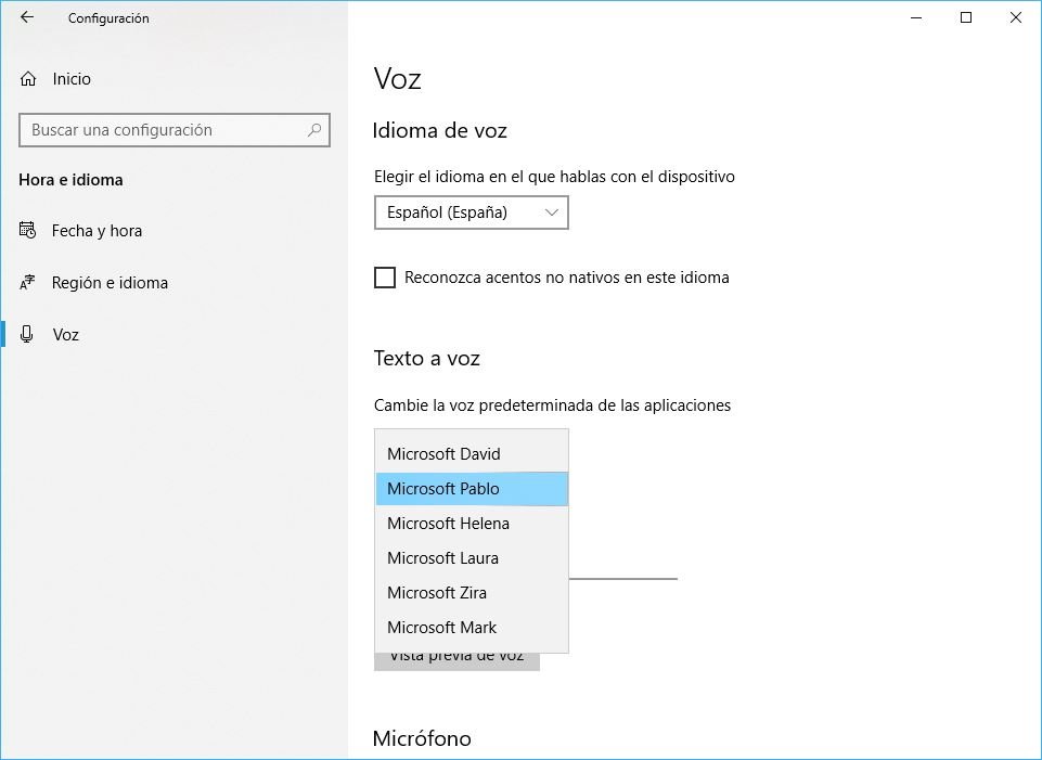 Windows 10 Build 1803 configurar voz