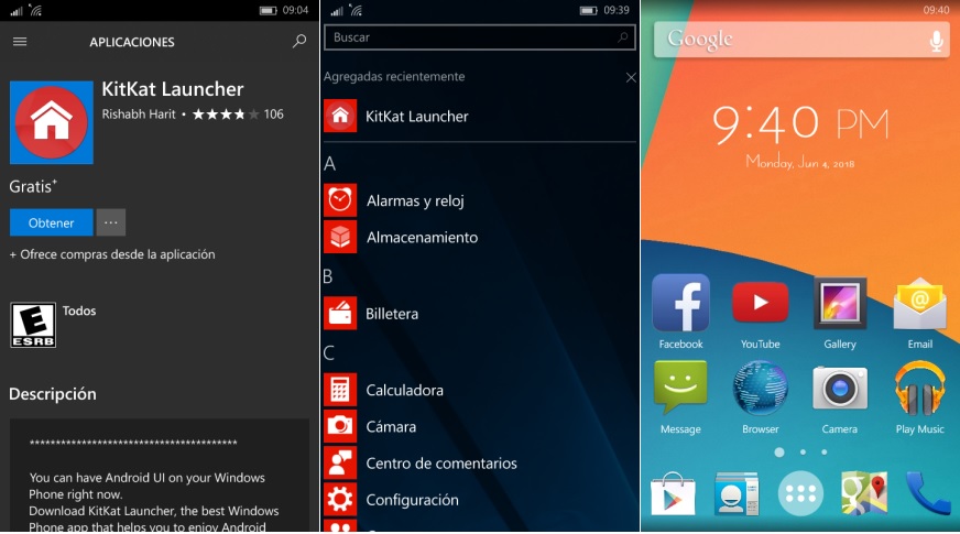 launcher KitKat Android para Windows 10 Mobile
