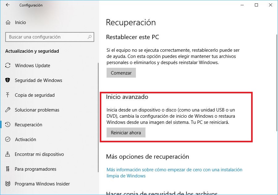 reiniciar Windows 10 con opciones avanzadas