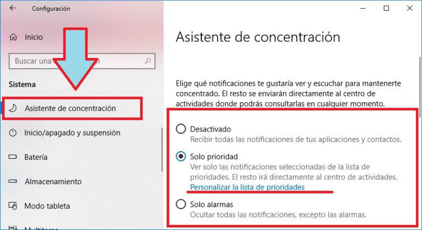 desactivar Notificaciones Windows 10 con Asistente de Concentración