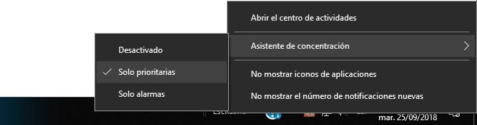 desactivar Notificaciones Windows 10 con Asistente de Concentración