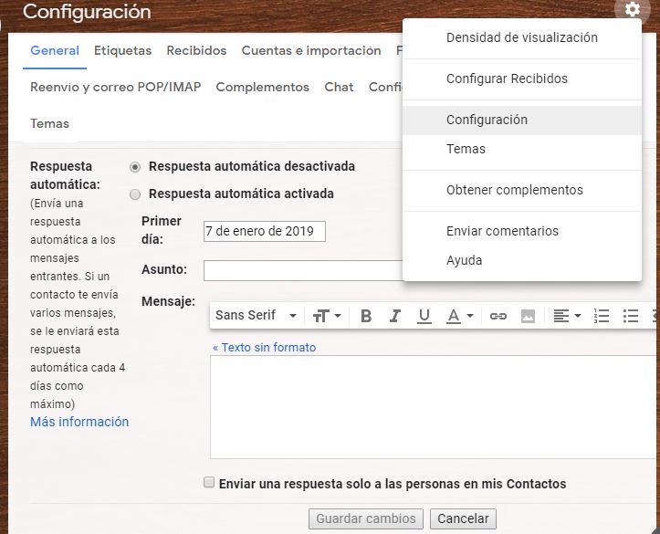 como configurar Respuesta Automática en Gmail