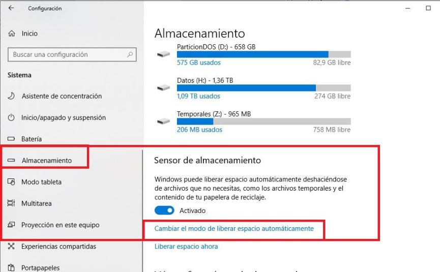 Sensor de Almacenamiento Windows 10