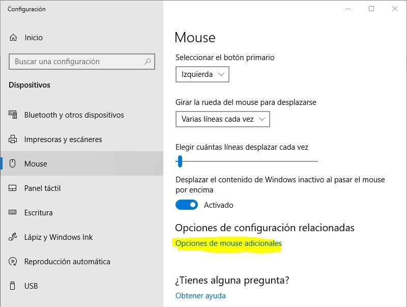 Propiedades del Ratón en Windows 10