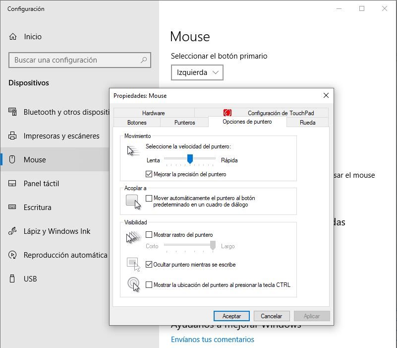 Propiedades del Ratón en Windows 10
