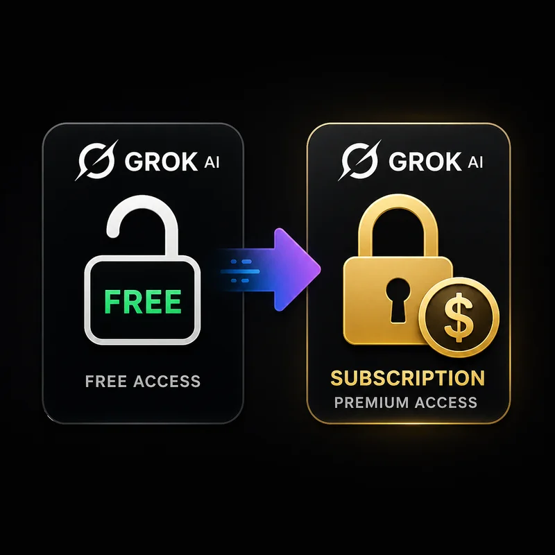 Historia Cronológica de GROK AI: Desde la Etapa Gratuita hasta el Modelo Premium 4 Icono que representa la transición de un acceso gratuito a un modelo de suscripción, con un símbolo de dólar y un candado.
