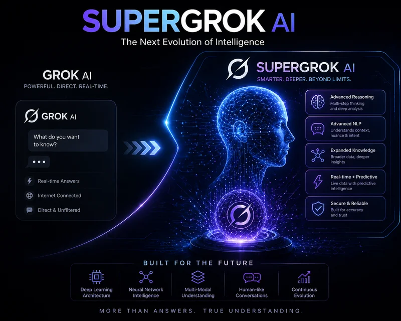 Historia Cronológica de GROK AI: Desde la Etapa Gratuita hasta el Modelo Premium 3 Ilustración conceptual de "Supergrok" como una IA avanzada y futurista, con elementos de redes neuronales y procesamiento de lenguaje.