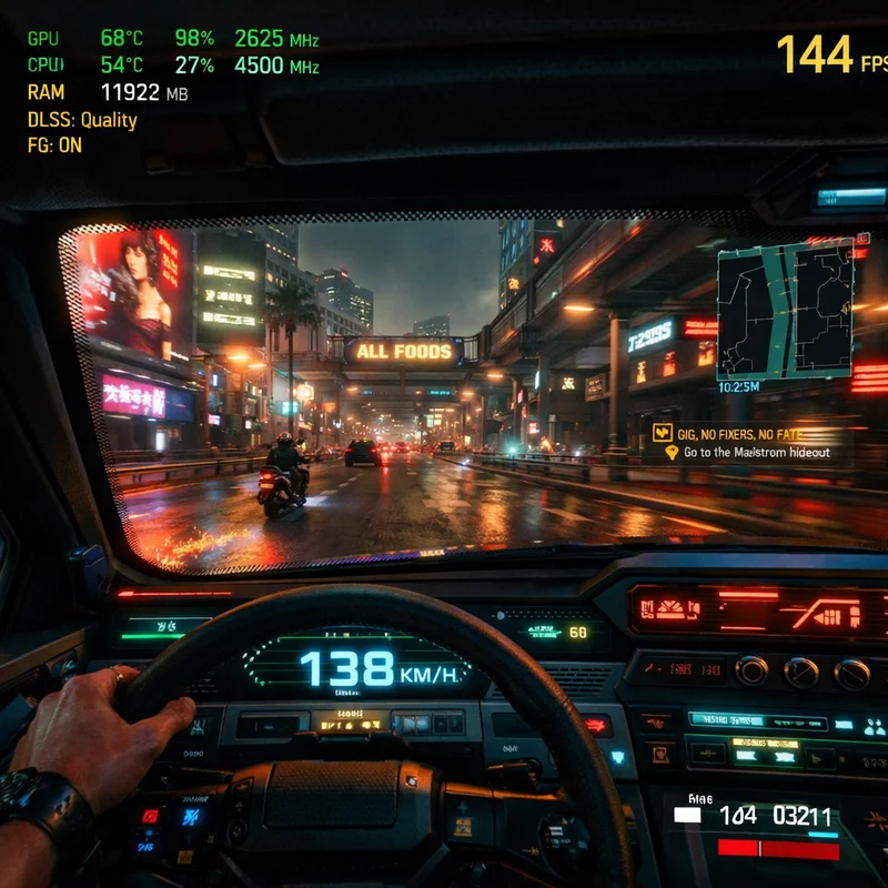 Descubre el Poder Oculto: Core i5-10400 y RTX 4060 Brindan una Experiencia 1440p Espectacular en Crimson Desert y Más 2 Gameplay de Cyberpunk 2077 con NVIDIA DLSS y Frame Generation activados, mostrando altos FPS
