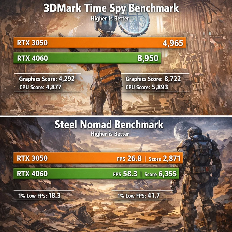 Descubre el Poder Oculto: Core i5-10400 y RTX 4060 Brindan una Experiencia 1440p Espectacular en Crimson Desert y Más 4 Resultados de benchmark 3DMark Time Spy y Steel Nomad comparando RTX 3050 y RTX 4060