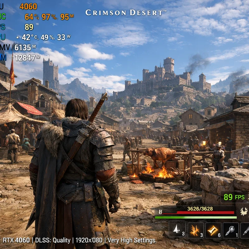 Descubre el Poder Oculto: Core i5-10400 y RTX 4060 Brindan una Experiencia 1440p Espectacular en Crimson Desert y Más 5 Captura de pantalla del juego Crimson Desert mostrando alto rendimiento con RTX 4060 y DLSS